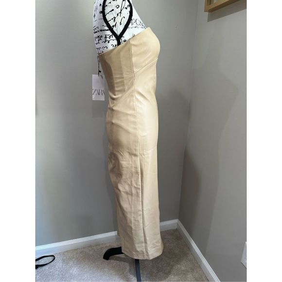 ZARA Tan Faux Leather Strapless Midi Dress S - Picture 3 of 14